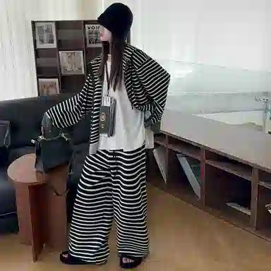 韩素伊休闲运动套装 美式复古慵懒风条纹连帽开衫外套女童秋季宽松阔腿长裤两件 青少年