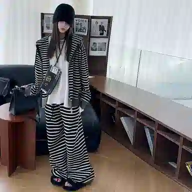 韩素伊休闲运动套装 美式复古慵懒风条纹连帽开衫外套女童秋季宽松阔腿长裤两件 青少年