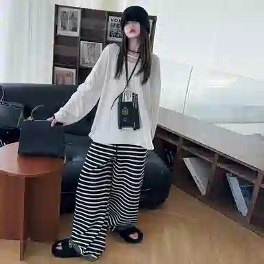 韩素伊休闲运动套装 美式复古慵懒风条纹连帽开衫外套女童秋季宽松阔腿长裤两件 青少年
