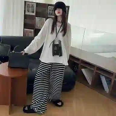 韩素伊休闲运动套装 美式复古慵懒风条纹连帽开衫外套女童秋季宽松阔腿长裤两件 青少年