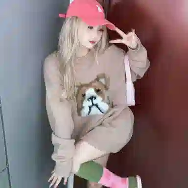 斗牛犬刺绣图案休闲圆领套头针织宽松毛衣 男女同款 棕色 情侣款