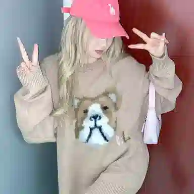 斗牛犬刺绣图案休闲圆领套头针织宽松毛衣 男女同款 棕色 情侣款