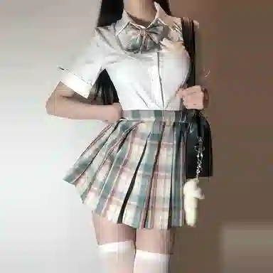 兔半眠 出纯色简约短袖衬衫格子中腰半身裙制服 女款