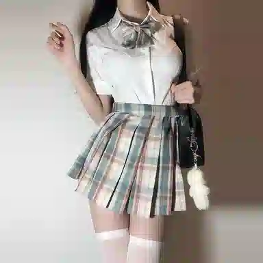 兔半眠 出纯色简约短袖衬衫格子中腰半身裙制服 女款