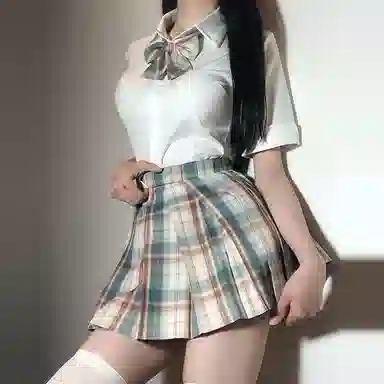 兔半眠 出纯色简约短袖衬衫格子中腰半身裙制服 女款