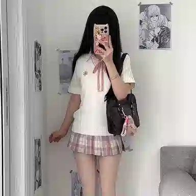 兔半眠 学院风马甲短袖衬衫半身格裙子制服 女款