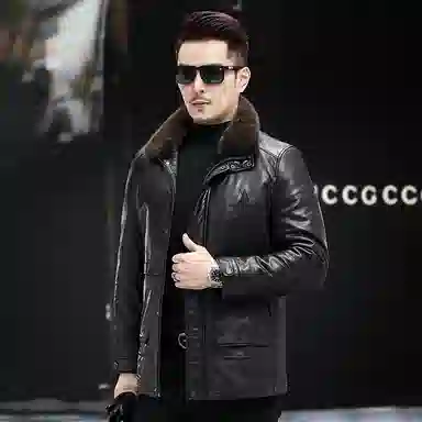 比利斯山羊 水貂毛领商务休闲真皮皮衣 男女同款