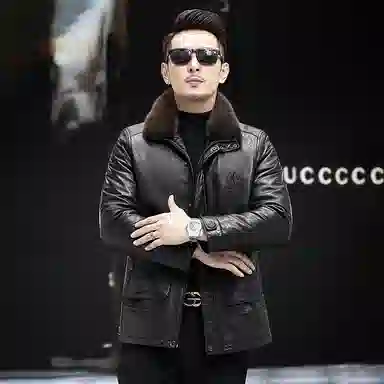 比利斯山羊 水貂毛领商务休闲真皮皮衣 男女同款