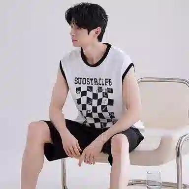 兰缪 撞色圆领无袖背心中腰裤子睡衣套装 男款 灰色