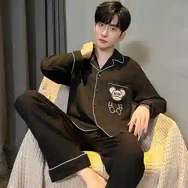 兰缪 卡通印花翻领单排扣长袖睡衣套装 男款 黑色