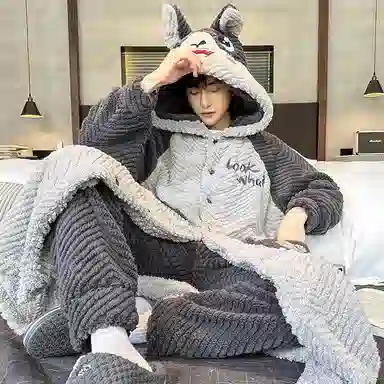 兰缪 秋冬季珊瑚绒男生 睡衣 卡通大象加厚加绒可外穿家居服睡衣套装 男款 黑色