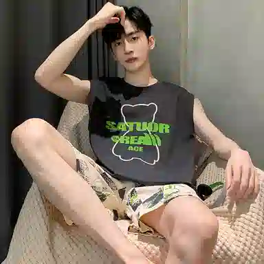 兰缪 撞色圆领无袖背心中腰裤子睡衣套装 男款 灰色