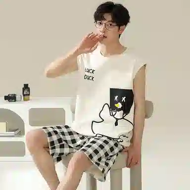 兰缪 撞色圆领无袖背心中腰裤子睡衣套装 男款 灰色