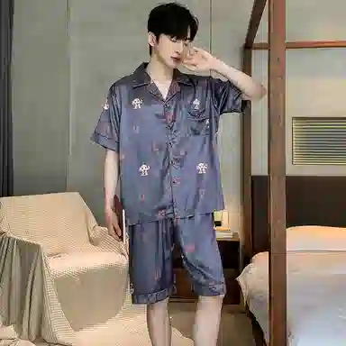 兰缪 休闲字母印花宽松翻领短袖上衣松紧腰短裤睡衣套装 男款 蓝色