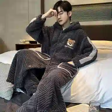 兰缪 秋冬季珊瑚绒男生 睡衣 卡通大象加厚加绒可外穿家居服睡衣套装 男款 黑色