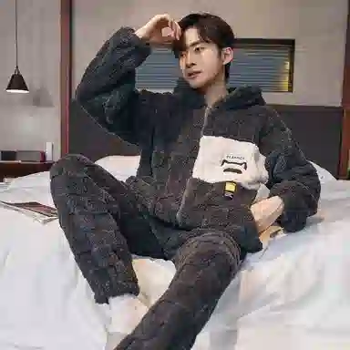 兰缪 秋冬季珊瑚绒睡衣 加厚加绒家居服 家居套装  男款  黑色