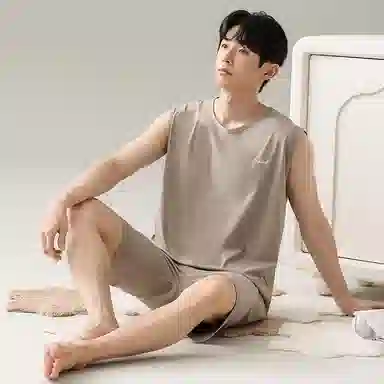 兰缪 撞色圆领无袖背心中腰裤子睡衣套装 男款 灰色