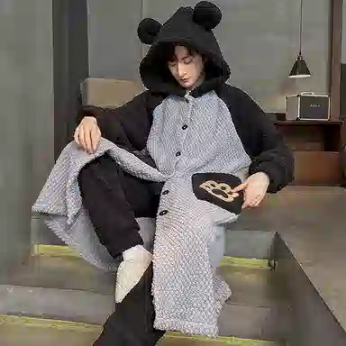 兰缪 秋冬季珊瑚绒男生 睡衣 卡通大象加厚加绒可外穿家居服睡衣套装 男款 黑色