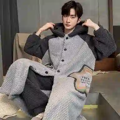 兰缪 秋冬季珊瑚绒男生 睡衣 卡通大象加厚加绒可外穿家居服睡衣套装 男款 黑色