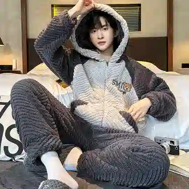 兰缪 秋冬季珊瑚绒睡衣 加厚加绒家居服 家居套装  男款  黑色