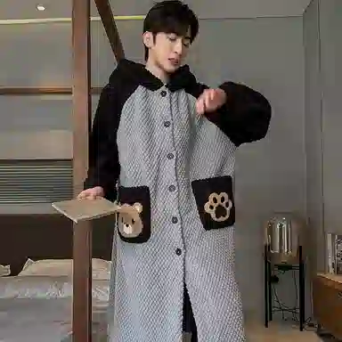 兰缪 秋冬季珊瑚绒男生 睡衣 卡通大象加厚加绒可外穿家居服睡衣套装 男款 黑色