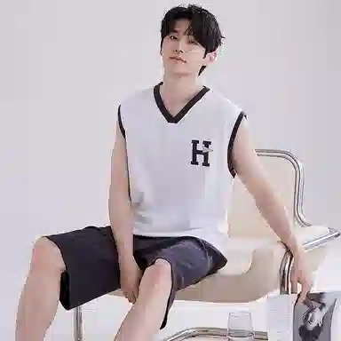 兰缪 撞色圆领无袖背心中腰裤子睡衣套装 男款 灰色