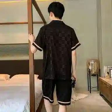 兰缪 简约凉感休闲可外穿短袖翻领上衣松紧腰短裤睡衣套装 男款 高级黑