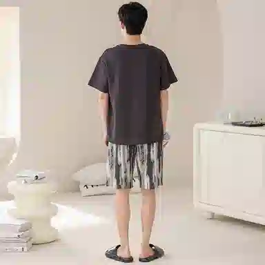 兰缪 卡通字母印花圆领套头短袖短裤睡衣套装 男款 灰色