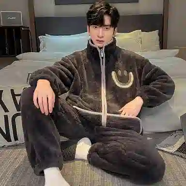 兰缪 秋冬季珊瑚绒男生睡衣 学生宿舍运动休闲加厚加绒家居服可外穿 家居套装  男款  白色