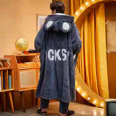 兰缪 秋冬季珊瑚绒男生 睡衣 卡通大象加厚加绒可外穿家居服睡衣套装 男款 黑色