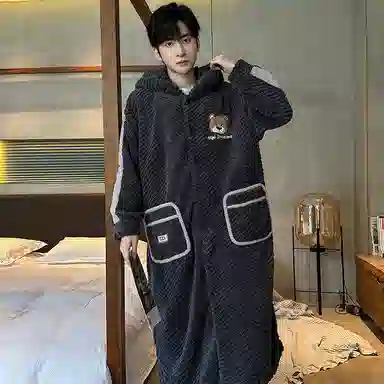 兰缪 秋冬季珊瑚绒男生 睡衣 卡通大象加厚加绒可外穿家居服睡衣套装 男款 黑色