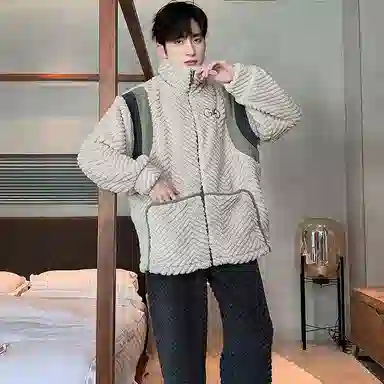 兰缪 秋冬季珊瑚绒男生睡衣 学生宿舍运动休闲加厚加绒家居服可外穿 家居套装  男款  白色