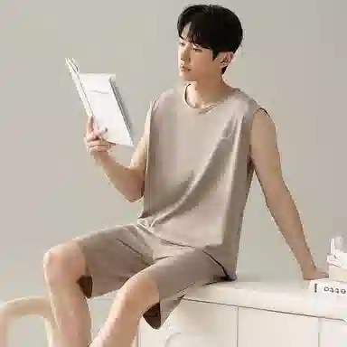 兰缪 撞色圆领无袖背心中腰裤子睡衣套装 男款 灰色