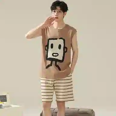 兰缪 撞色圆领无袖背心中腰裤子睡衣套装 男款 灰色