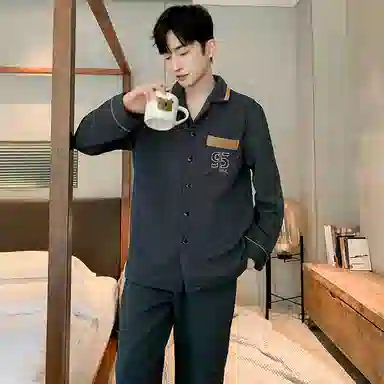 兰缪 秋冬季空气棉男生睡衣 三层夹层可外穿 家居套装  男款  黑色