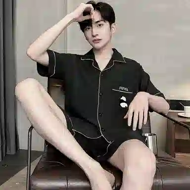 兰缪 简约休闲翻领短袖上衣松紧腰短裤睡衣套装 男款 黑色