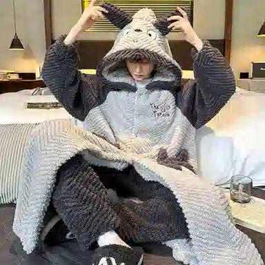 兰缪 秋冬季珊瑚绒男生 睡衣 卡通大象加厚加绒可外穿家居服睡衣套装 男款 黑色