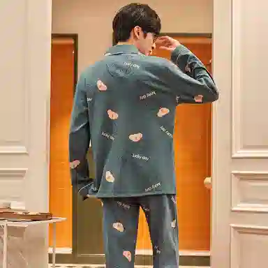 兰缪 纯棉卡通印花宽松睡衣套装 男款 蓝色