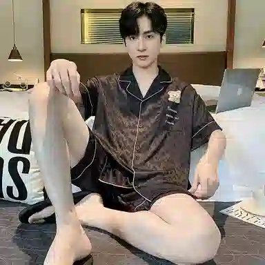 兰缪 简约亲肤舒适凉感翻领短袖开衫休闲可外穿短裤睡衣套装 男款 黑色