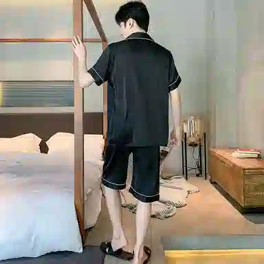 兰缪 简约凉感休闲可外穿短袖翻领上衣松紧腰短裤睡衣套装 男款 高级黑
