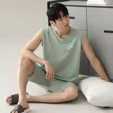 兰缪 撞色圆领无袖背心中腰裤子睡衣套装 男款 灰色