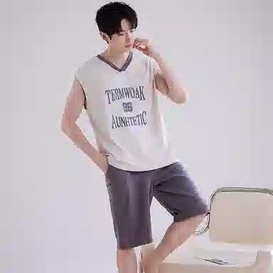 兰缪 撞色圆领无袖背心中腰裤子睡衣套装 男款 灰色