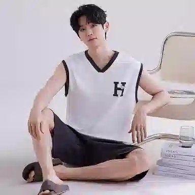 兰缪 撞色圆领无袖背心中腰裤子睡衣套装 男款 灰色