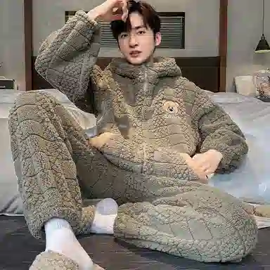 兰缪 秋冬季珊瑚绒睡衣 加厚加绒家居服 家居套装  男款  黑色