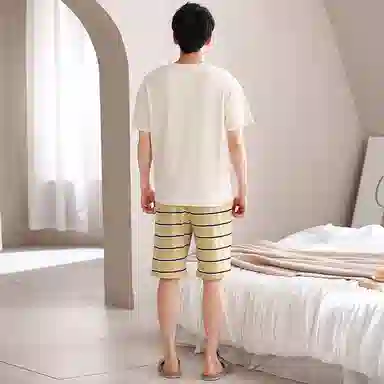 兰缪 卡通印花圆领套头短袖上衣松紧腰短裤睡衣套装 男款 杏色