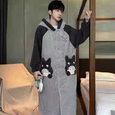 兰缪 秋冬季珊瑚绒男生 睡衣 卡通大象加厚加绒可外穿家居服睡衣套装 男款 黑色