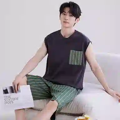 兰缪 撞色圆领无袖背心中腰裤子睡衣套装 男款 灰色