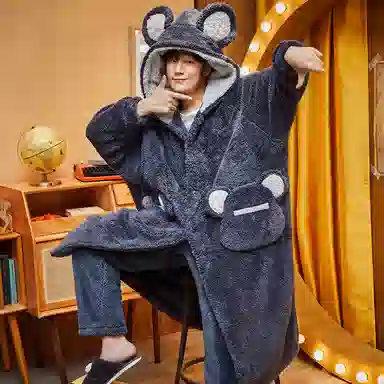 兰缪 秋冬季珊瑚绒男生 睡衣 卡通大象加厚加绒可外穿家居服睡衣套装 男款 黑色