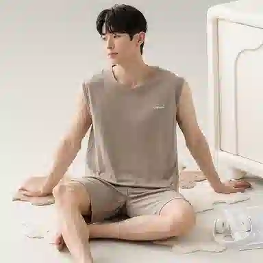 兰缪 撞色圆领无袖背心中腰裤子睡衣套装 男款 灰色