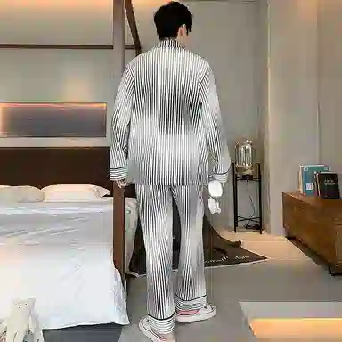 兰缪 条纹休闲宽松家居纽扣翻领睡衣套装 男款 灰白色